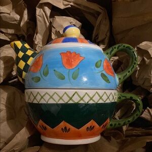 Colorful Whimsical Teapot-For-One w/Large Cup under Single Serve Teapot